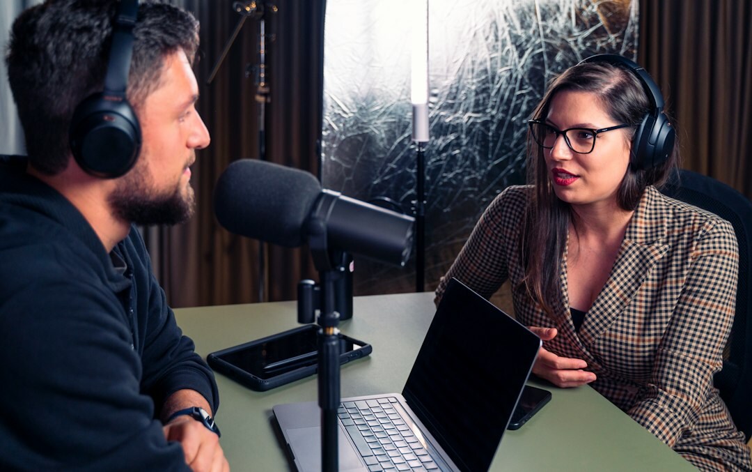 woman recording podcast